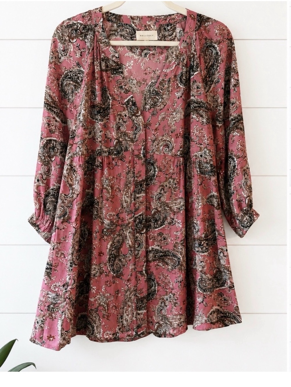 Melloday Pink Paisley Boho Babydoll Mini Dress Size Medium Long Sleeve